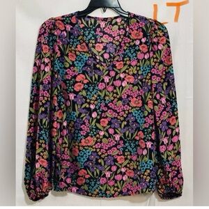 LADIES BLACK TOP WITH BLUE, PINK & GREEN FLOWERS